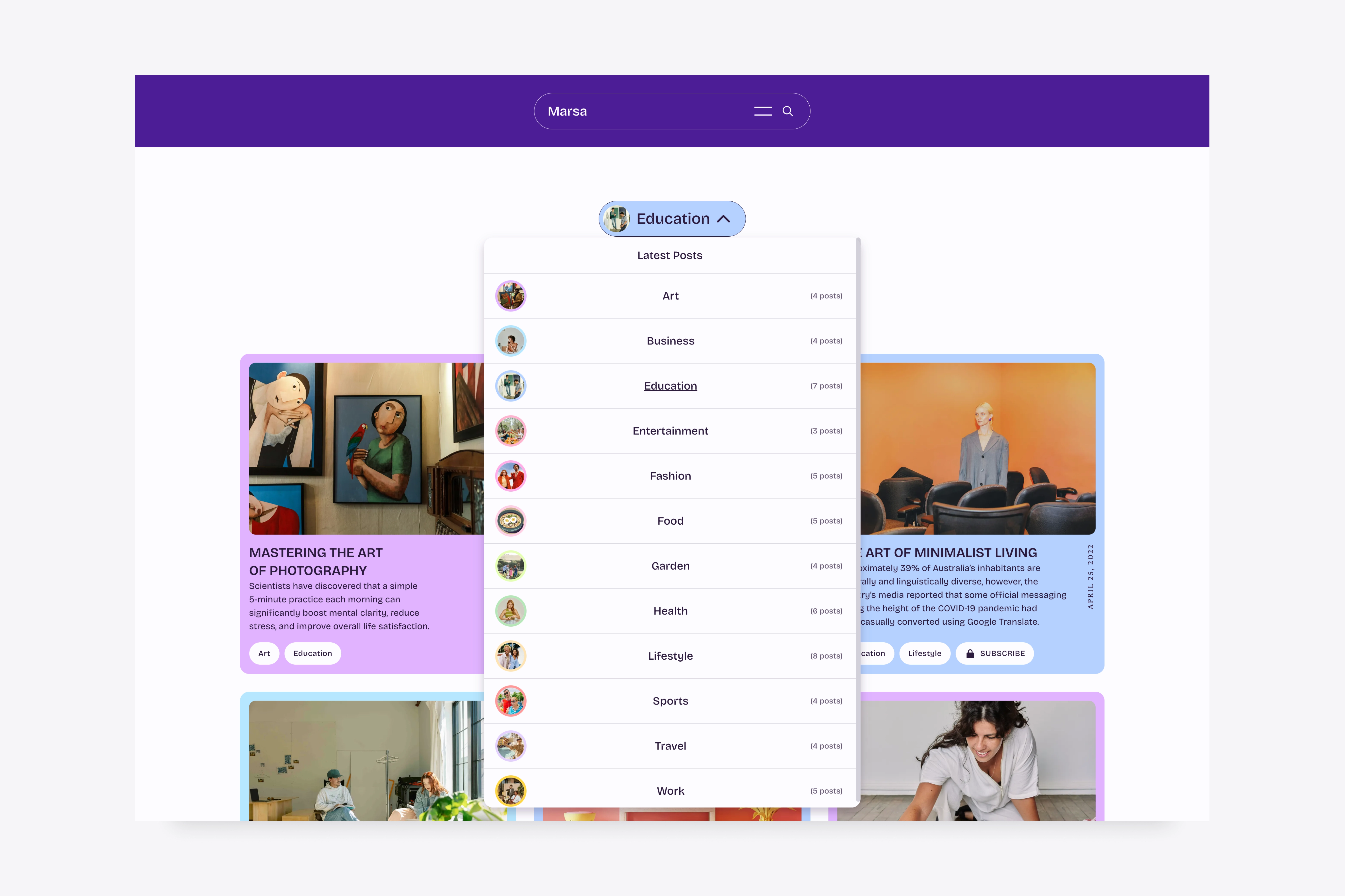 Dropdown menu showing content tags in the Marsa Ghost theme