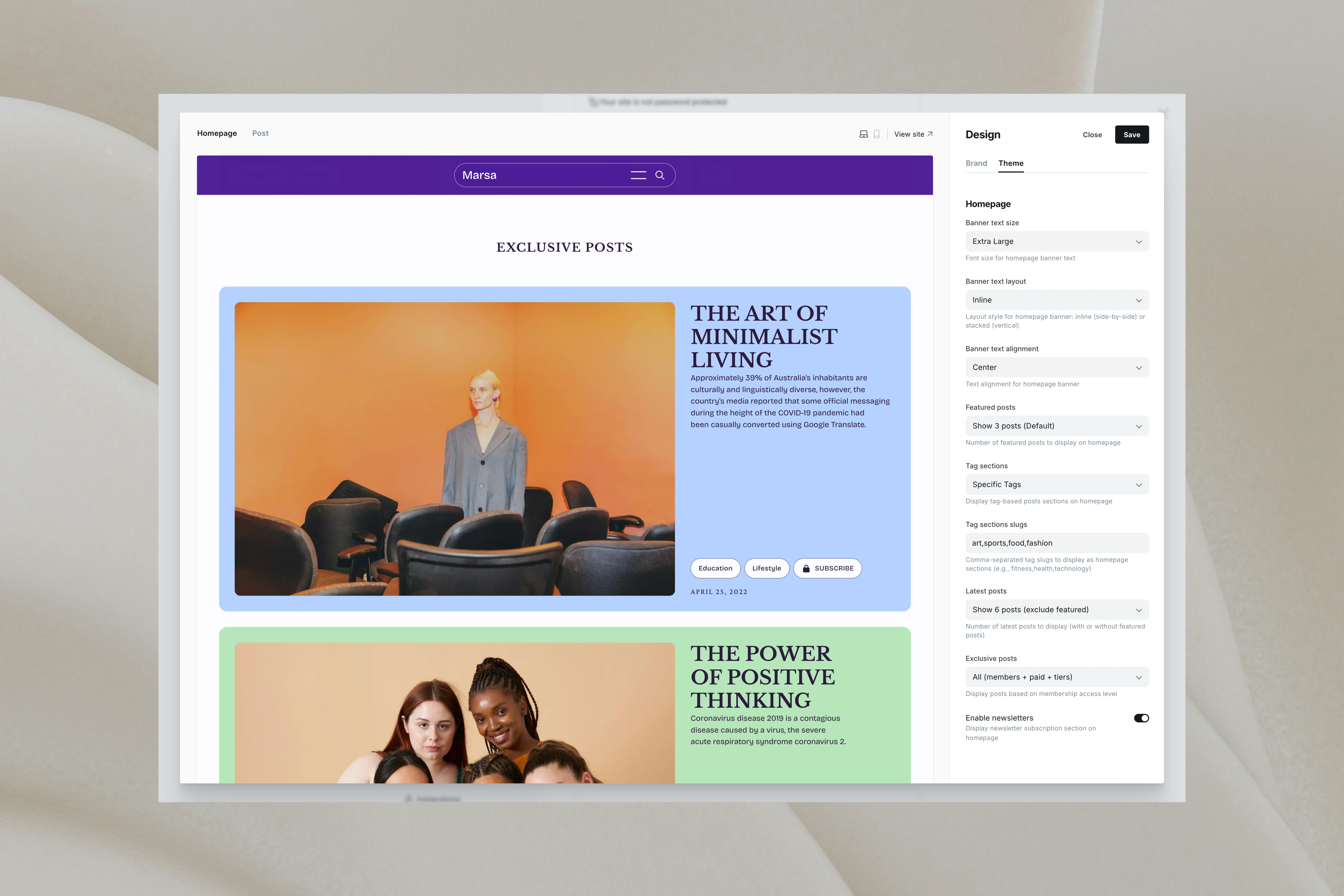 Marsa Ghost CMS Theme Homepage Settings