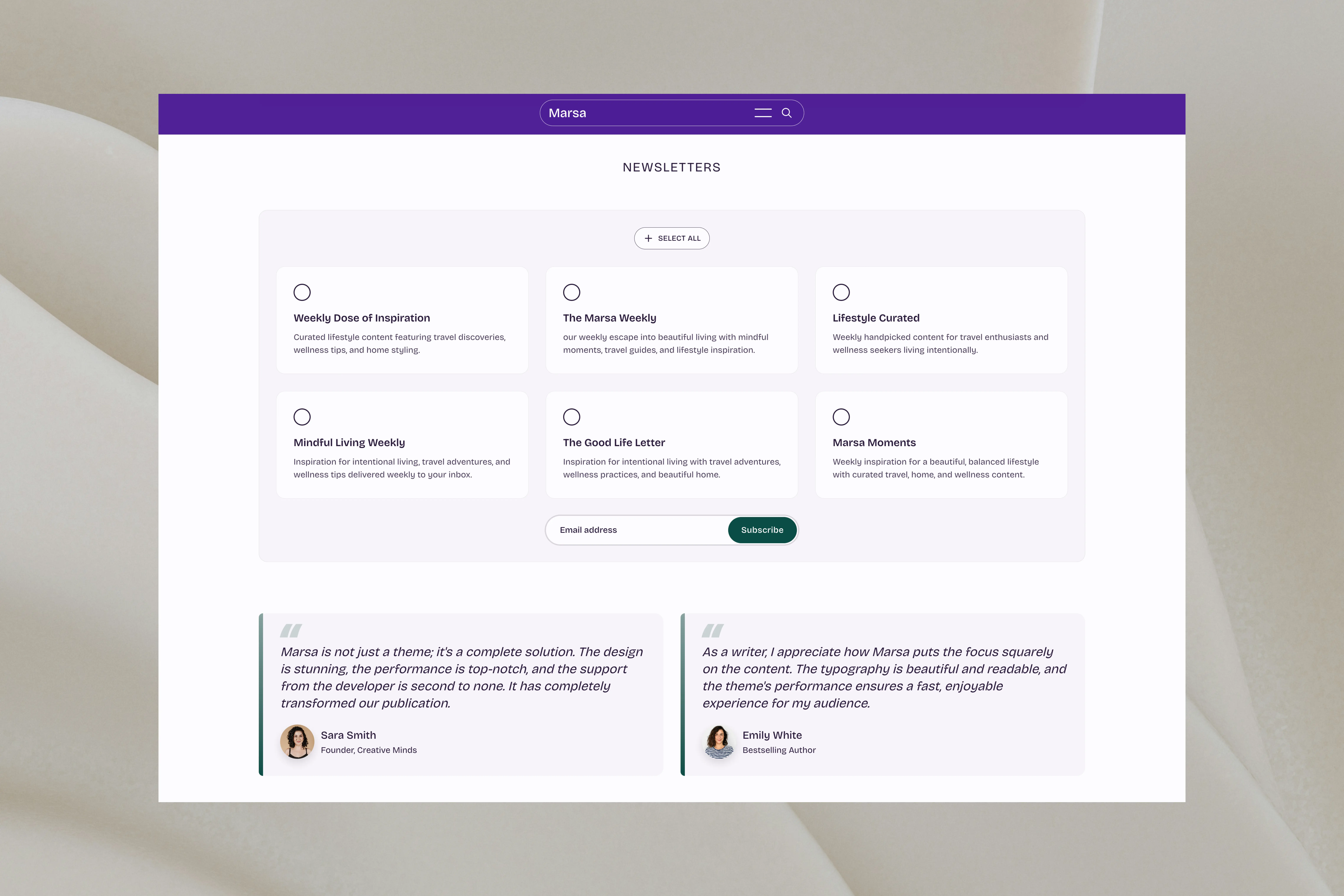 Marsa Ghost CMS Theme Newsletter Signup Forms