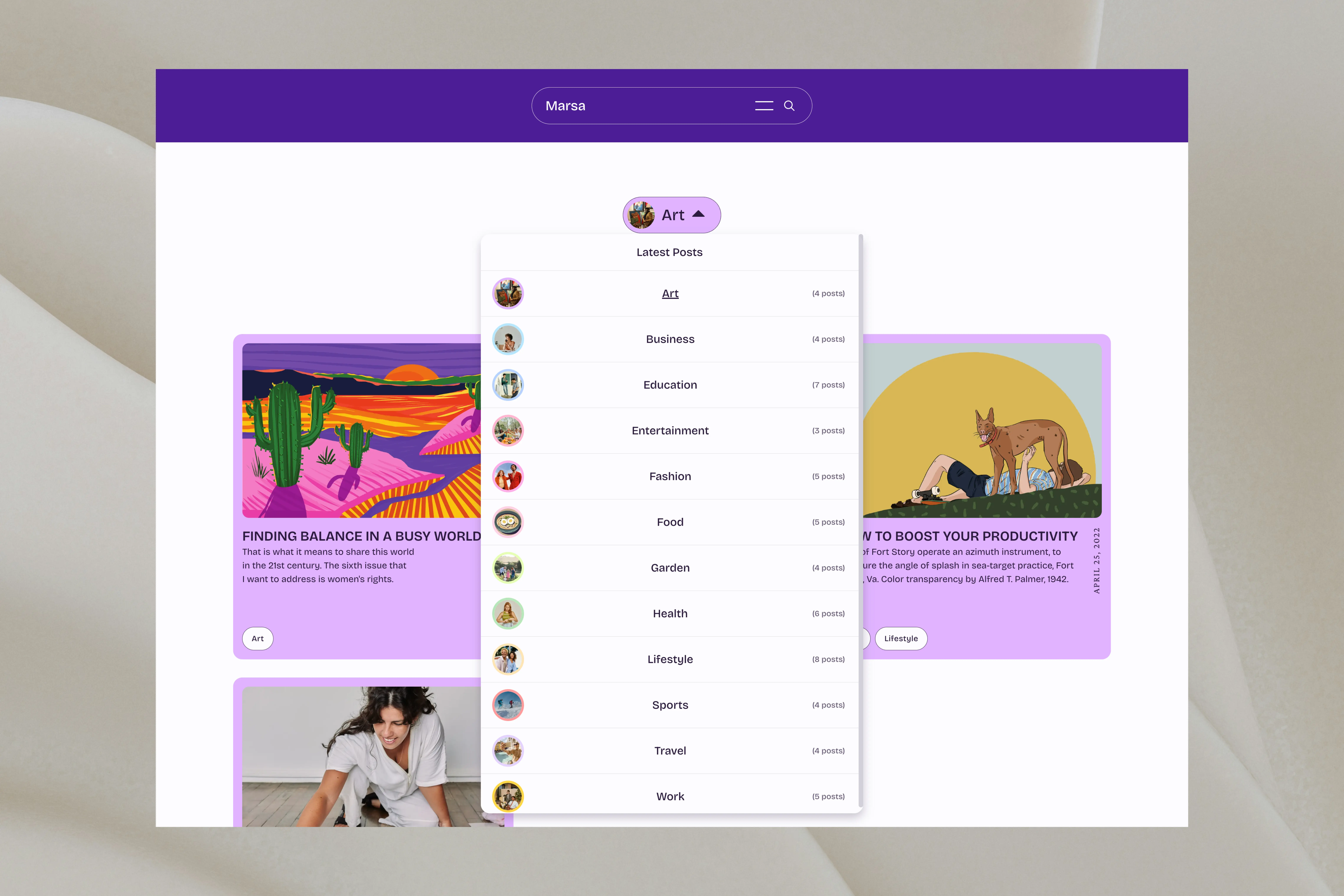 Marsa Ghost CMS Theme Tag Dropdown Menu