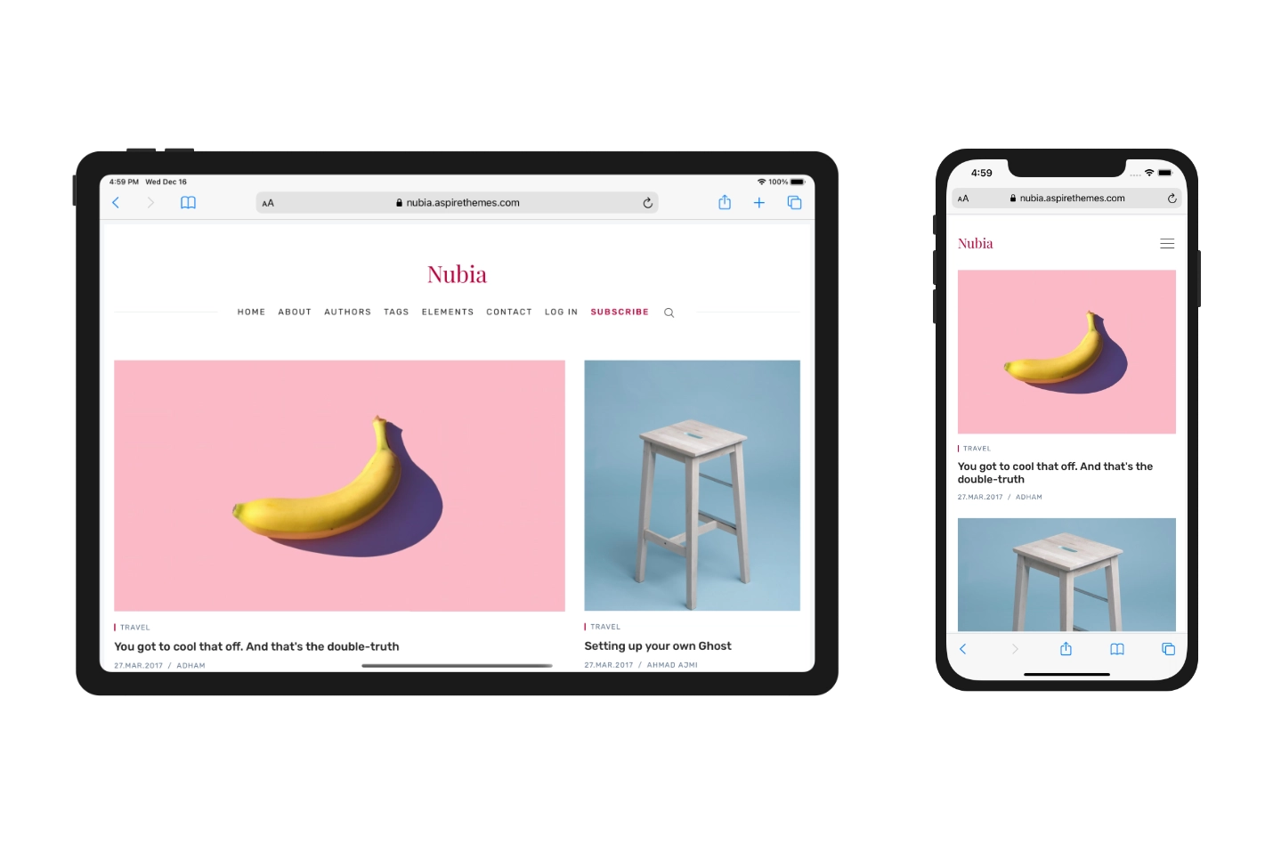 Nubia Ghost CMS Theme Responsive Layout on iPhone and iPad