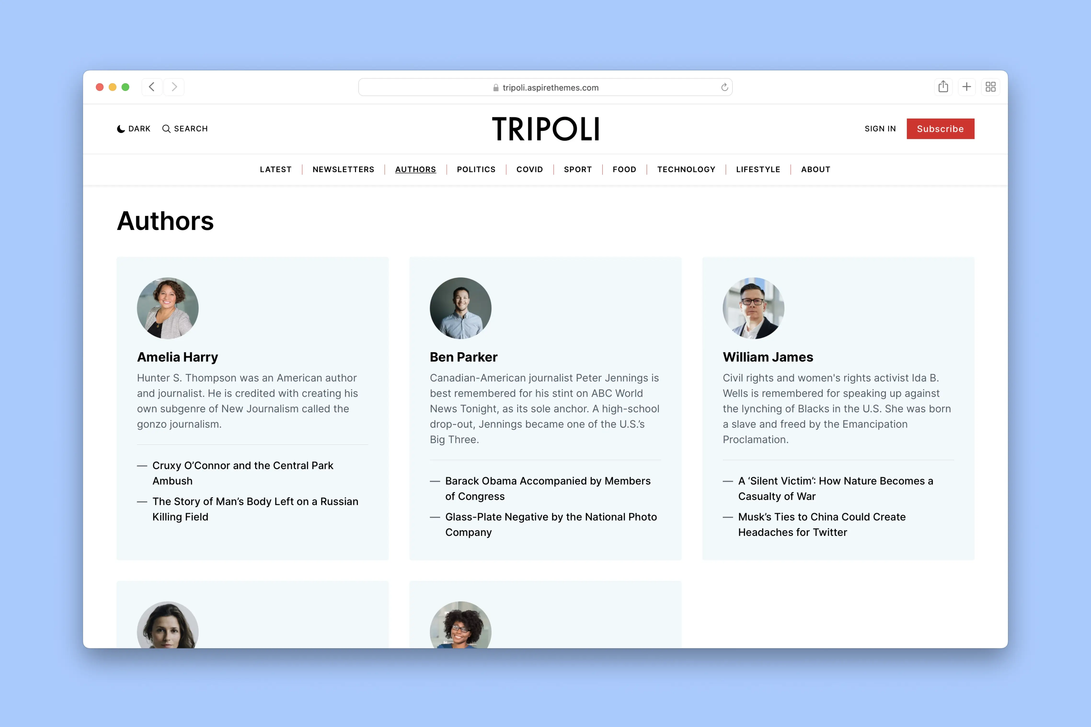 Tripoli Ghost Theme - Authors page showcasing your team and their content