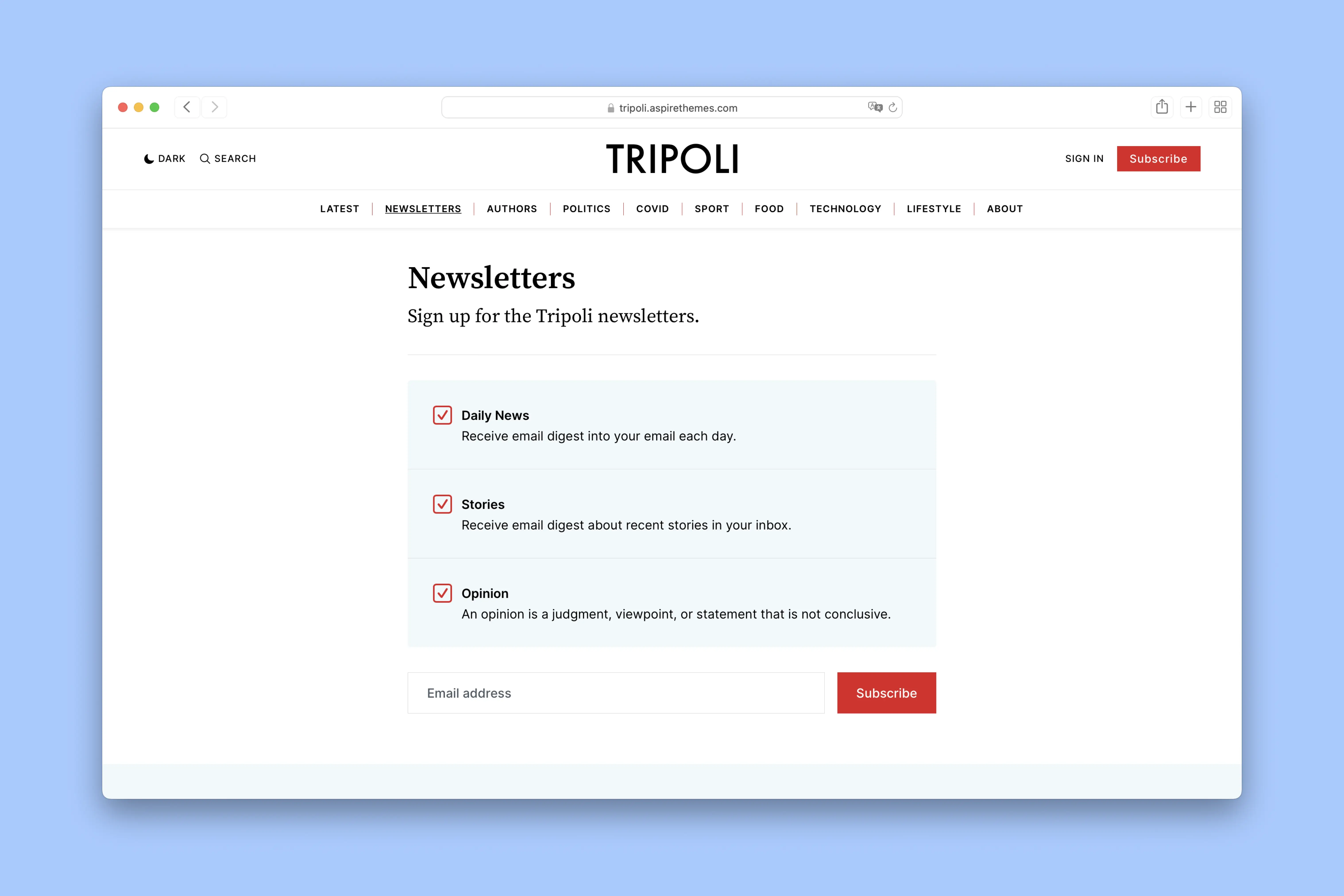 Tripoli Ghost Theme - Newsletter subscription page for audience building